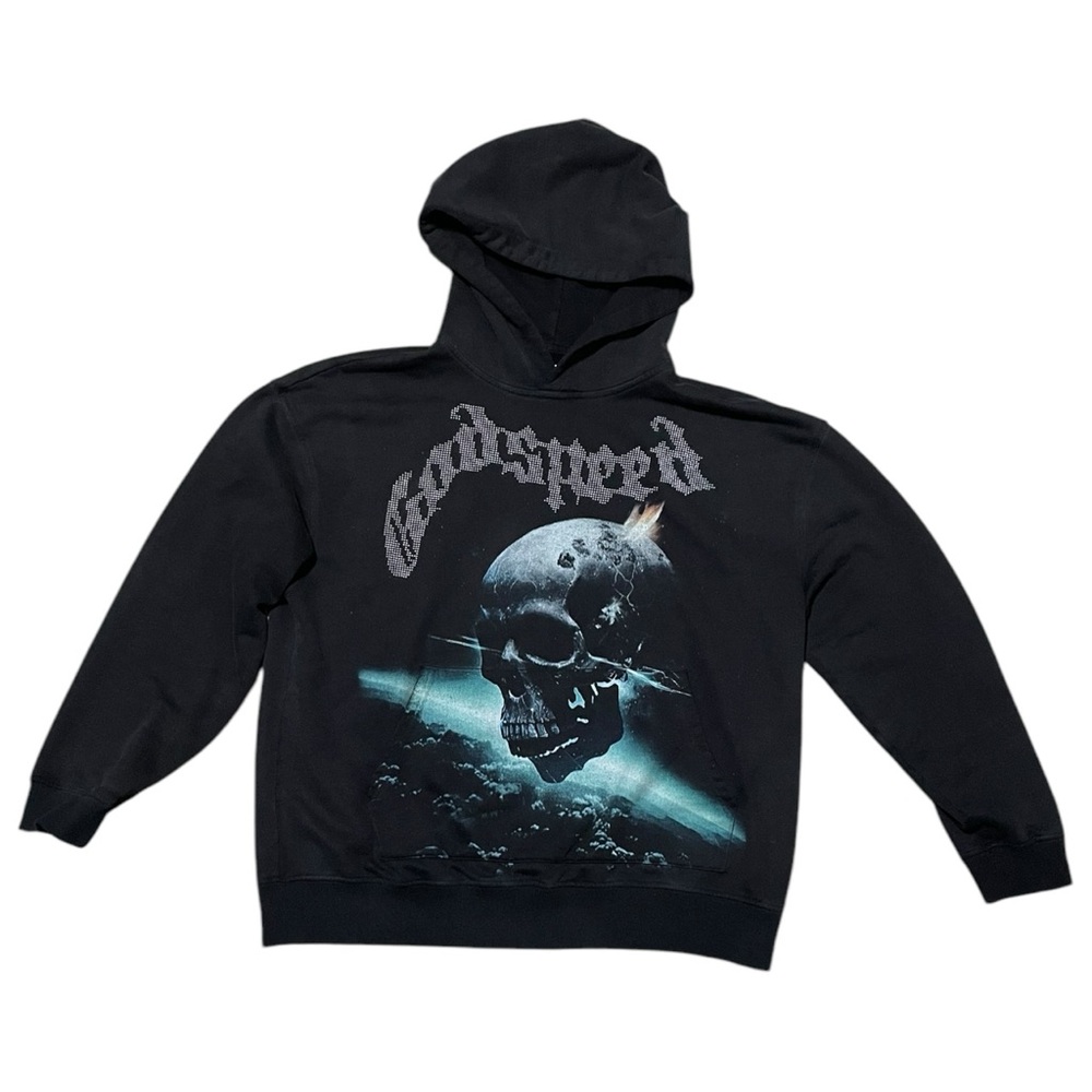 Godspeed Men’s Y2K Streetwear Skull Graphic Black Hoodie With Studded Logo Sz L